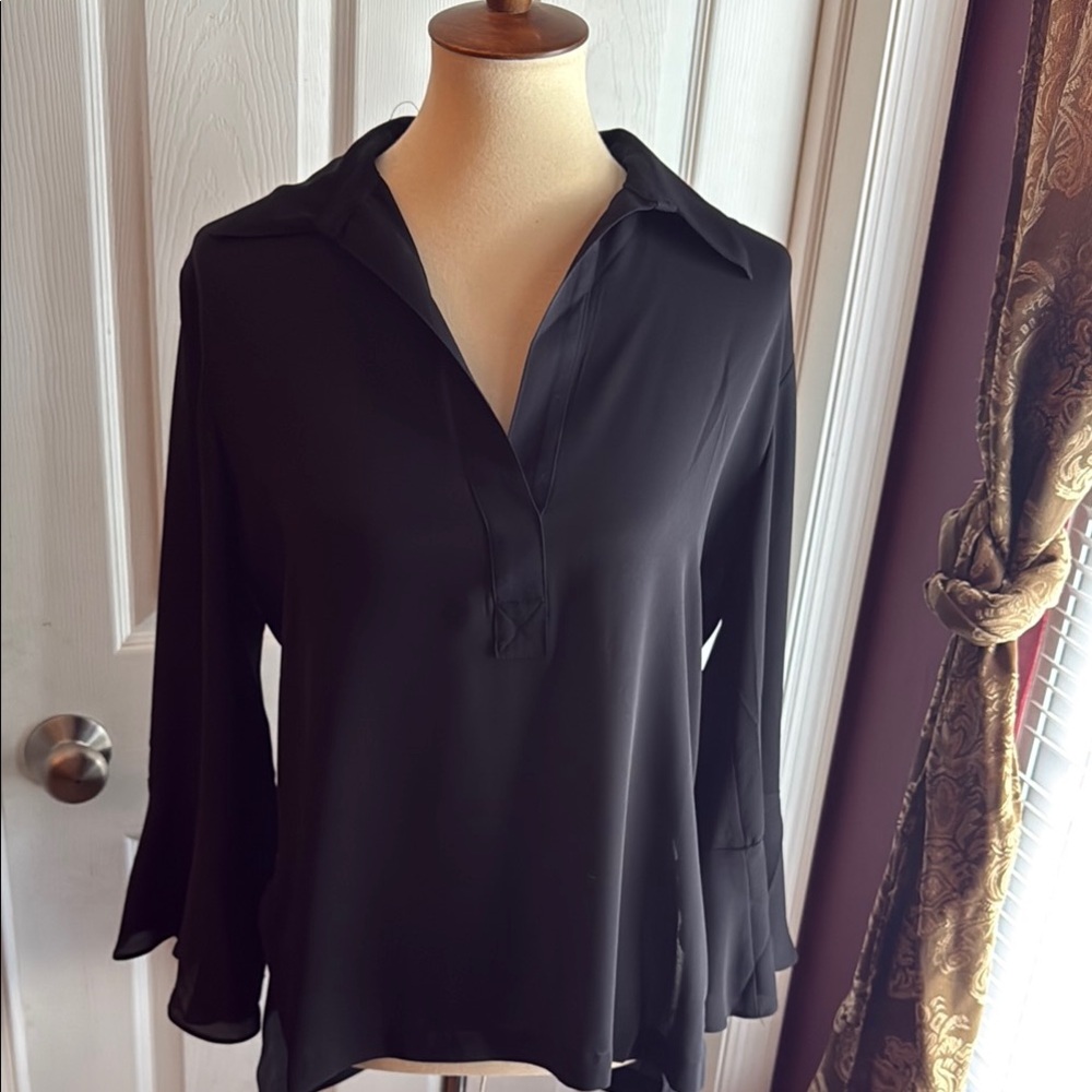 Lauren Ralph Lauren Black Bell Sleeve Blouse with Notched Collar